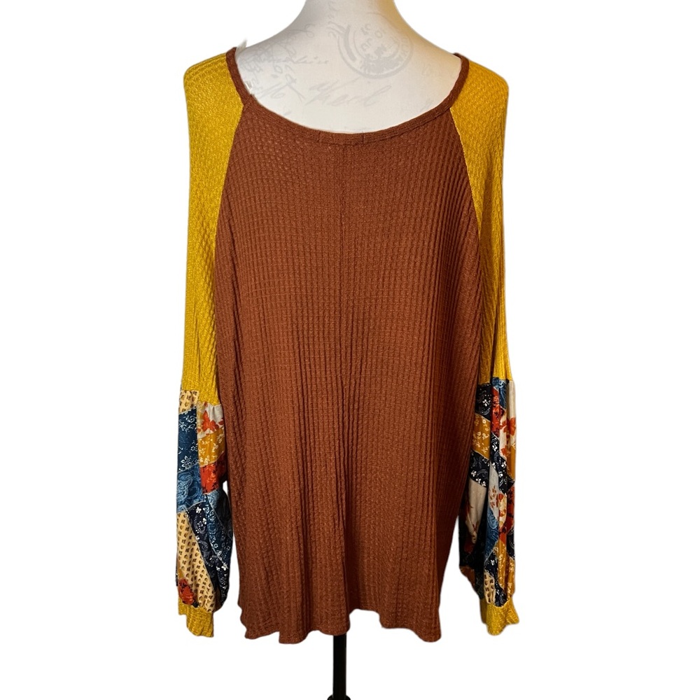 Sweet Claire Soft Waffle Boho‎ Balloon Sleeve Blouse Pullover Mixed Print